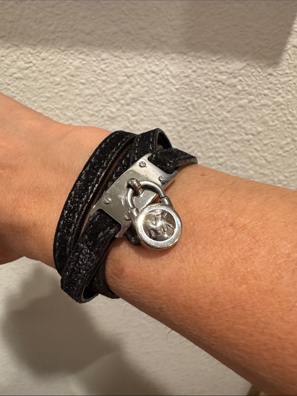 Michael Kors Black Double-Wrap Leather Bracelet with Silver MK Charm